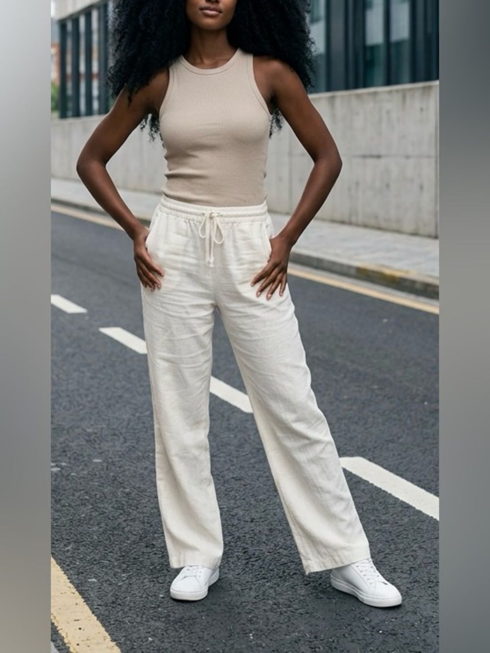 Cato Linen Blend cream Pull-On Wide Leg Pants with drawstring waist